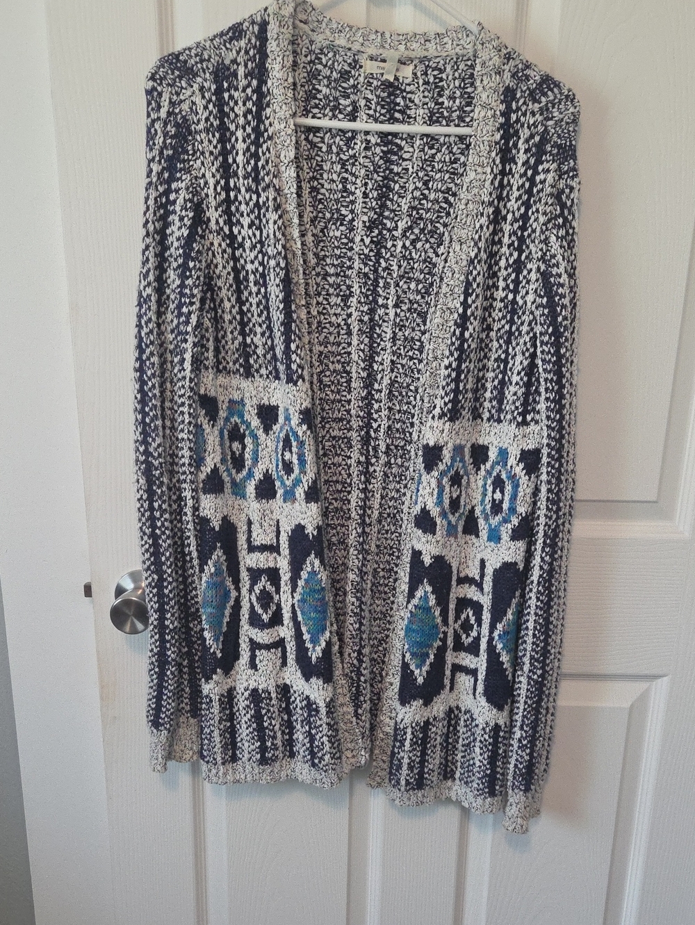 Maurices Navy, Cream & Teal Patterned Open-Front Cardigan